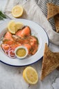 Gravlax a raw, marinated graved salmon with dill on enamel plate with toast bread, Scandinavian mustard sauce, lemon, onion rings Royalty Free Stock Photo