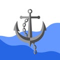 Gray anchor with a chain on a background of blue waves