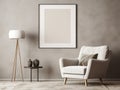 Gray armchair and floor lamp against beige wall. Interior design of modern living room with big empty blank mock up poster frame Royalty Free Stock Photo