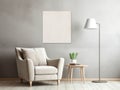 Gray armchair and floor lamp against beige wall. Interior design of modern living room with big empty blank mock up poster frame Royalty Free Stock Photo