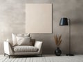 Gray armchair and floor lamp against beige wall. Interior design of modern living room with big empty blank mock up poster frame Royalty Free Stock Photo