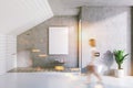 Gray attic bathroom interior, poster, woman Royalty Free Stock Photo