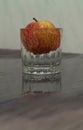 On a gray background in a glass glass with water is a red apple Royalty Free Stock Photo