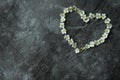 Gray background marble gloomy cement floor. Symbol heart laid out with flowers. The figure of the heart is lined with flowering Royalty Free Stock Photo