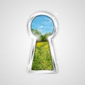 Gray background with view of summer landscape in keyhole Royalty Free Stock Photo