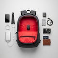 Gray backpack with a red interior is centrally placed with a Royalty Free Stock Photo