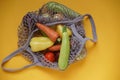 Gray bag string bag with vegetables,zucchini,bell peppers,carrots,beets,onions yellow background.Harvest from garden fresh bright Royalty Free Stock Photo