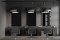 Gray barber shop interior with barber chairs and mirrors