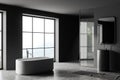 Gray bathroom corner with tub, sink and shower Royalty Free Stock Photo