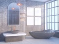Gray bathroom interior with a concrete floor, a bathtub, a double sink 3d illustration mock up Royalty Free Stock Photo