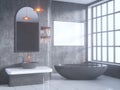 Gray bathroom interior with a concrete floor, a bathtub, a double sink 3d illustration mock up Royalty Free Stock Photo