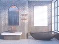 Gray bathroom interior with a concrete floor, a bathtub, a double sink 3d illustration mock up Royalty Free Stock Photo
