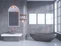 Gray bathroom interior with a concrete floor, a bathtub, a double sink 3d illustration mock up Royalty Free Stock Photo