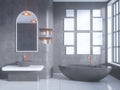 Gray bathroom interior with a concrete floor, a bathtub, a double sink 3d illustration mock up Royalty Free Stock Photo