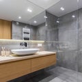 Gray bathroom with long countertop