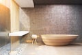 Gray bathroom, wooden tub, front, toned Royalty Free Stock Photo