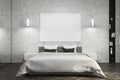 Gray bedroom, white bed, poster Royalty Free Stock Photo
