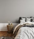 Gray bedroom interior with decor.