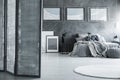 Gray bedroom with room divider