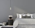 Gray bedroom with a wooden table