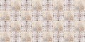 Gray beige brown vintage worn retro geometric motif cement square mosaic tiles wallpaper with flower leaves print texture Royalty Free Stock Photo