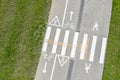 Gray bicycle lane. white markings and signs. green grass background. aerial view