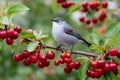 Gray bird perching on cherry tree branch with ripe red cherries Royalty Free Stock Photo
