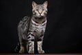 A Gray And Black Cat Standing On Top Of A Table Royalty Free Stock Photo