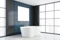 Gray and blue bathroom corner with tub and poster Royalty Free Stock Photo