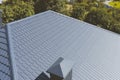 Gray-blue metal roof tiles on the roof of the house. Corrugated