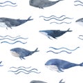 Gray and blue watercolor whales swimming among calm waves