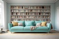 gray book shelf, modern interior design, aqua sofa color, lite brown floor, Generated AI