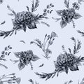 Gray botanical pattern with graphic design of hydrangea flowers