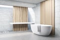Gray brick bathroom, white tub, side Royalty Free Stock Photo