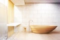 Gray brick bathroom, wooden tub, front, toned Royalty Free Stock Photo