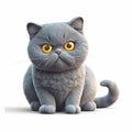 Gray british cat, fluffy funny cute kitten 3d illustration on white, unusual avatar