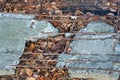 Gray broken concrete slab with rusty rods lies on brown dry leaves Royalty Free Stock Photo