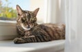 Gray brown tabby cat relaxing on window sill ledge, sun shines to himr, closeup detail Royalty Free Stock Photo