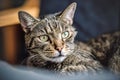 Gray brown tabby cat resting on armchair, looking curiously, closeup detail on his head Royalty Free Stock Photo