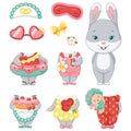 Gray Bunny with clothing for summer. Dress up paper doll. Cartoon illustration