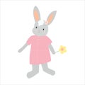 A gray bunny in a pink dress.