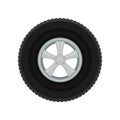 Gray car disk with large black tire. Automobile theme. Flat vector element for promotional poster or banner of tire