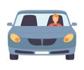 Gray Car with Driver, Front View Flat Vector Illustration