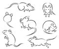 Set of cute and hand drawn mice illustration. variety of movements and poses, running, standing, and sitting with front, back, sle