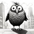 Gray Cartoon Owl In City With Skyscraper - Black And White Realism Royalty Free Stock Photo