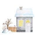 Gray Cartoon Winter House with wooden fence and Bullfinch bird couple, snowdrifts. Front view. Watercolor New year Royalty Free Stock Photo