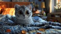 A gray cat with big eyes sitting on a bed, AI Royalty Free Stock Photo