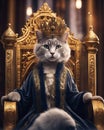 Gray cat with queen\'s crown in throne Royalty Free Stock Photo