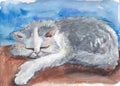 Gray cat with curly hair sleeps at home on the couch. Hand drawn watercolor illustration. Image for greeting card, calendar Royalty Free Stock Photo