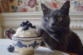 Gray Cat with Green Eyes Enjoying Whipped Cream Topped with Blueberries in Decorative Bowl Royalty Free Stock Photo
